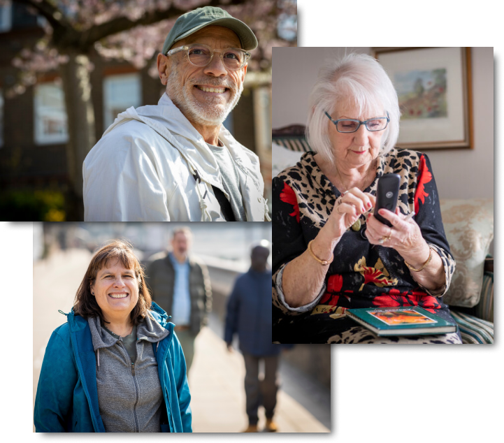A stack of three pictures - a man smiling at the camera, a woman using her phone, and a woman out for a walk